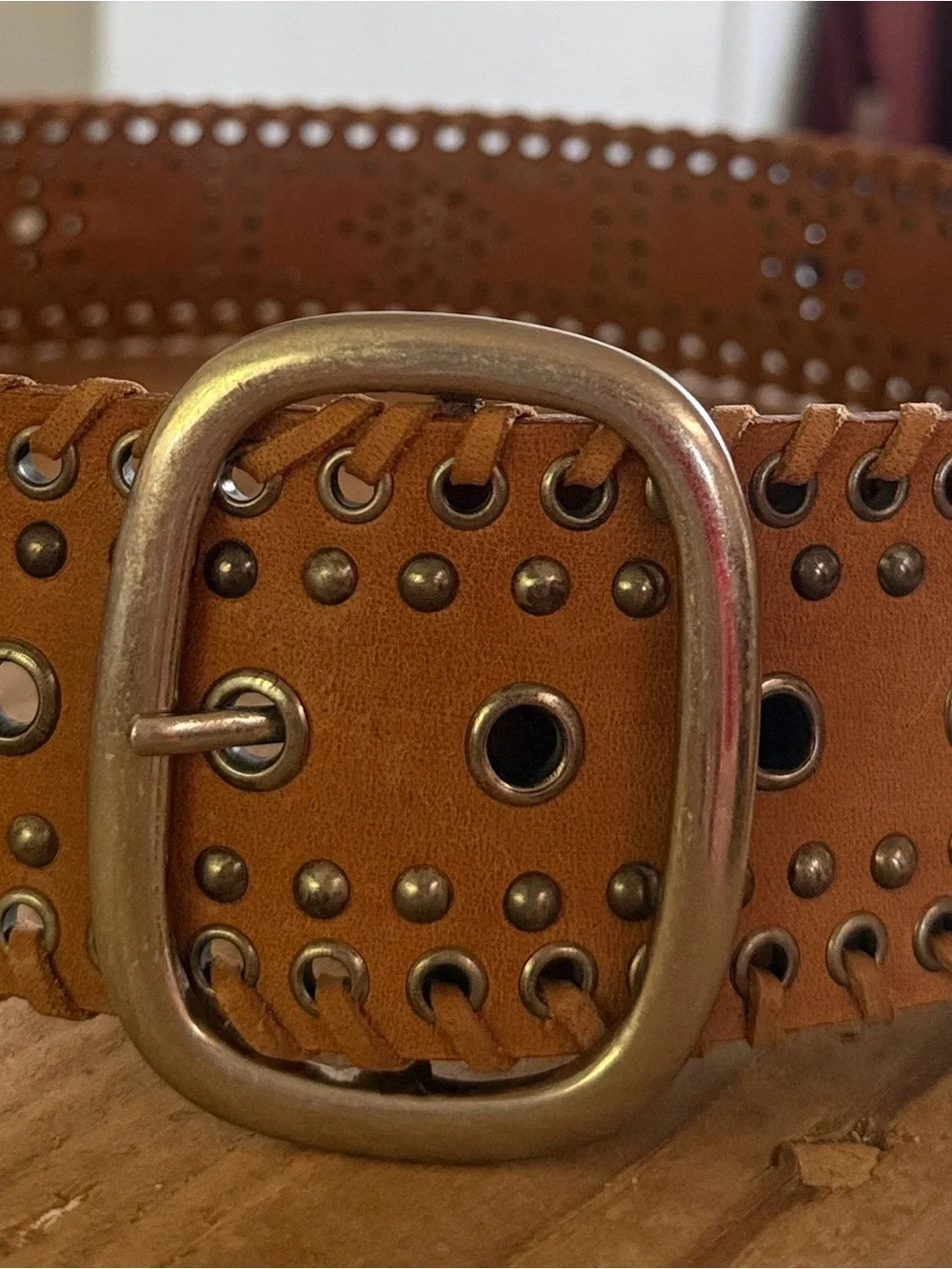 Calvin Klein Jeans Tan Studded Leather Waist Belt with Metal Buckle